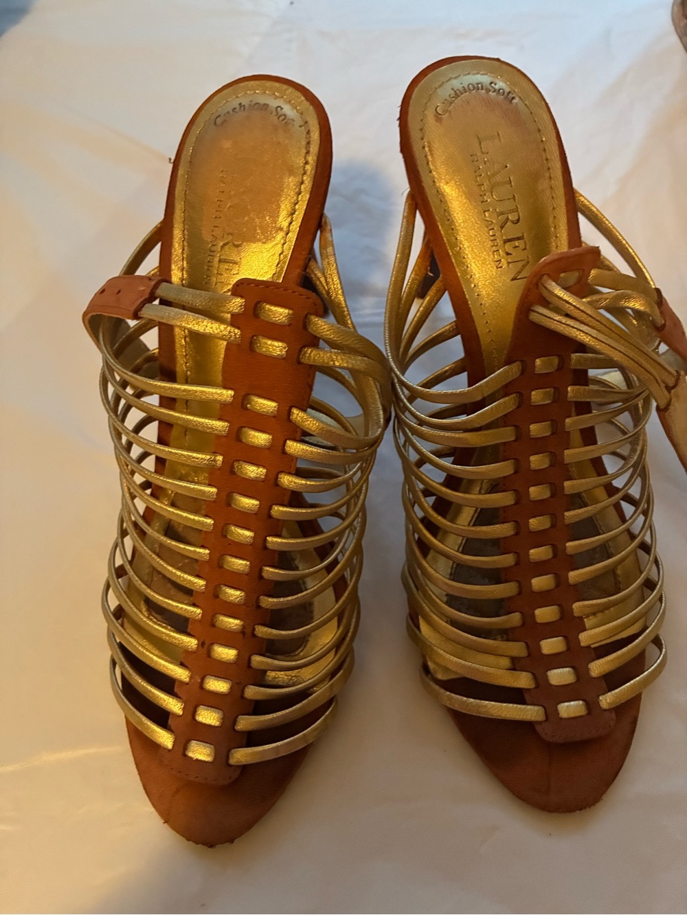 Ralph Lauren Gold and Tan Strappy Cage Mule Heels
